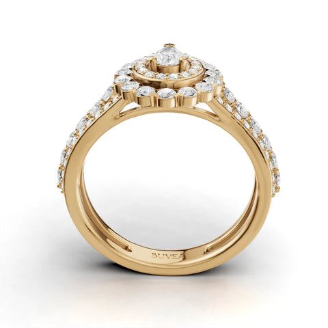 Pavé-set lab grown diamond ring with a pear-shaped center, double halo in 18K gold, showcasing multiple brilliant rounds.