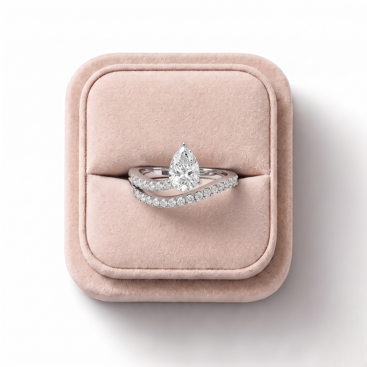 1.08 CT Pear Lab Grown Diamond Split Pavé Ring, on a white background