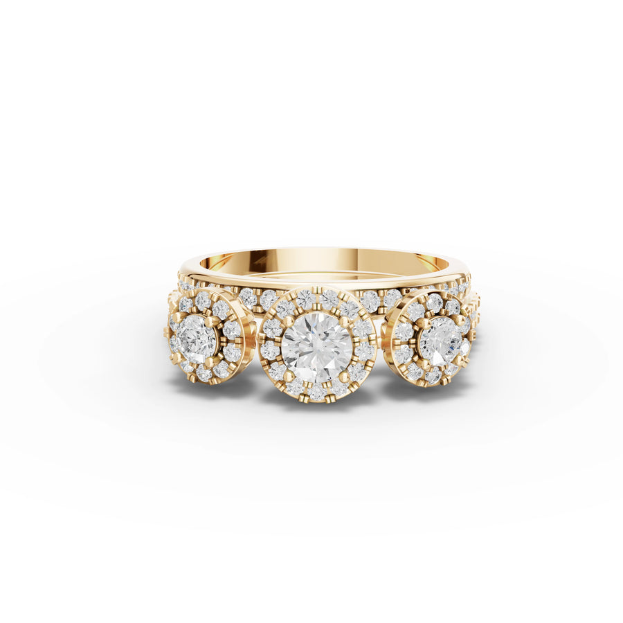 1.08 CT Triple Halo Cluster Lab Grown Diamond Band Ring in yellow gold
