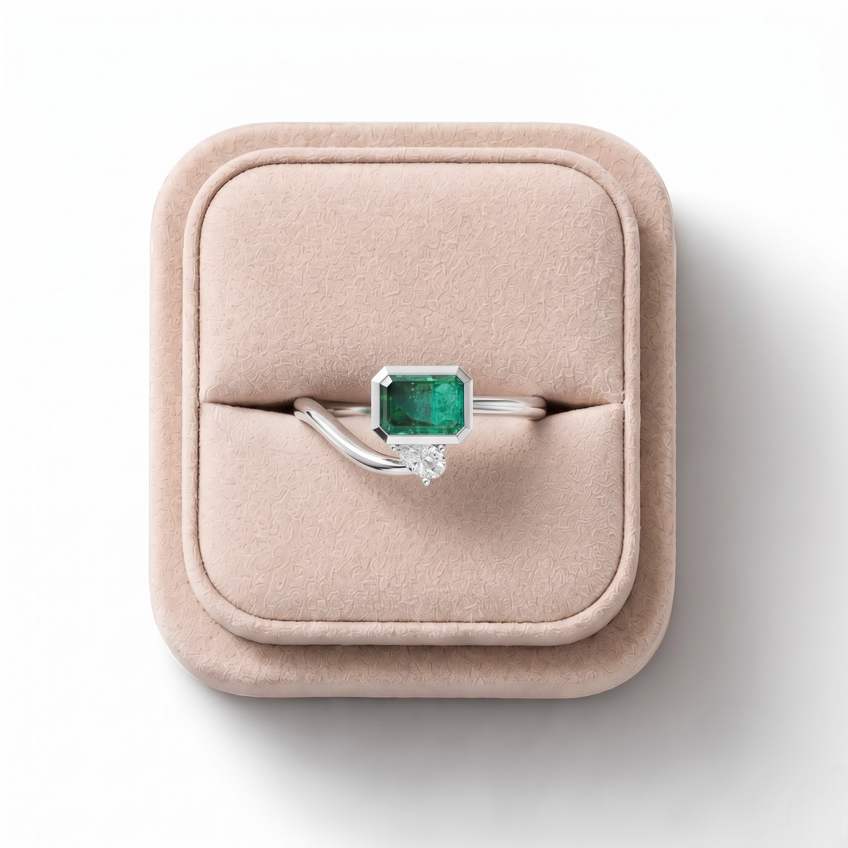 1.09 CT Emerald Open Bypass Ring with Lab Grown Diamond in white gold, on a white background