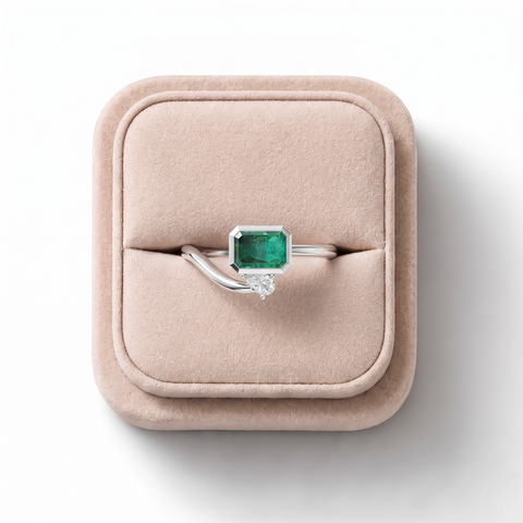 1.09 CT Emerald Open Bypass Ring with Lab Grown Diamond in white gold, on a white background