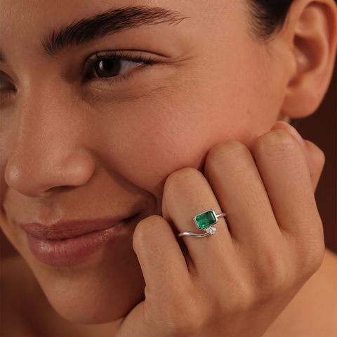 1.09 CT Emerald Open Bypass Ring with Lab Grown Diamond, worn on the hand 2