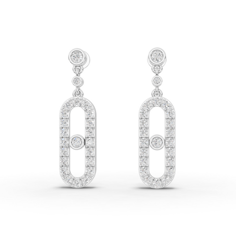 1.09 ct oval link halo lab diamond drop earrings with round halo tops, bezel-set diamond dangles, and screw backs