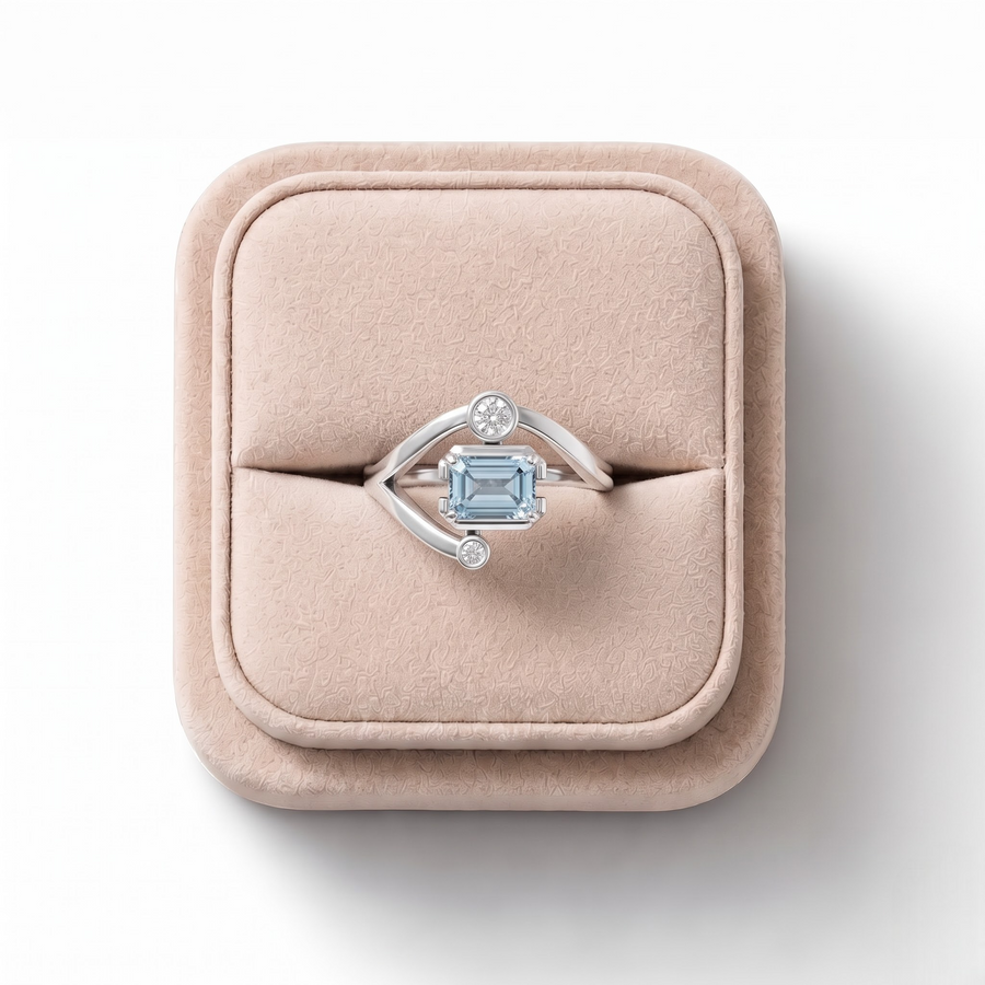 1.11 CT Emerald Aquamarine Bypass Lab Grown Diamond Ring 1.00 CT Center in white gold, on a white background