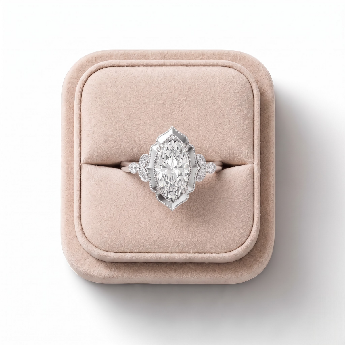 1.13 CT Marquise Solitaire With Side Stone Lab Grown Diamond Ring 1.00 CT Center, on a white background