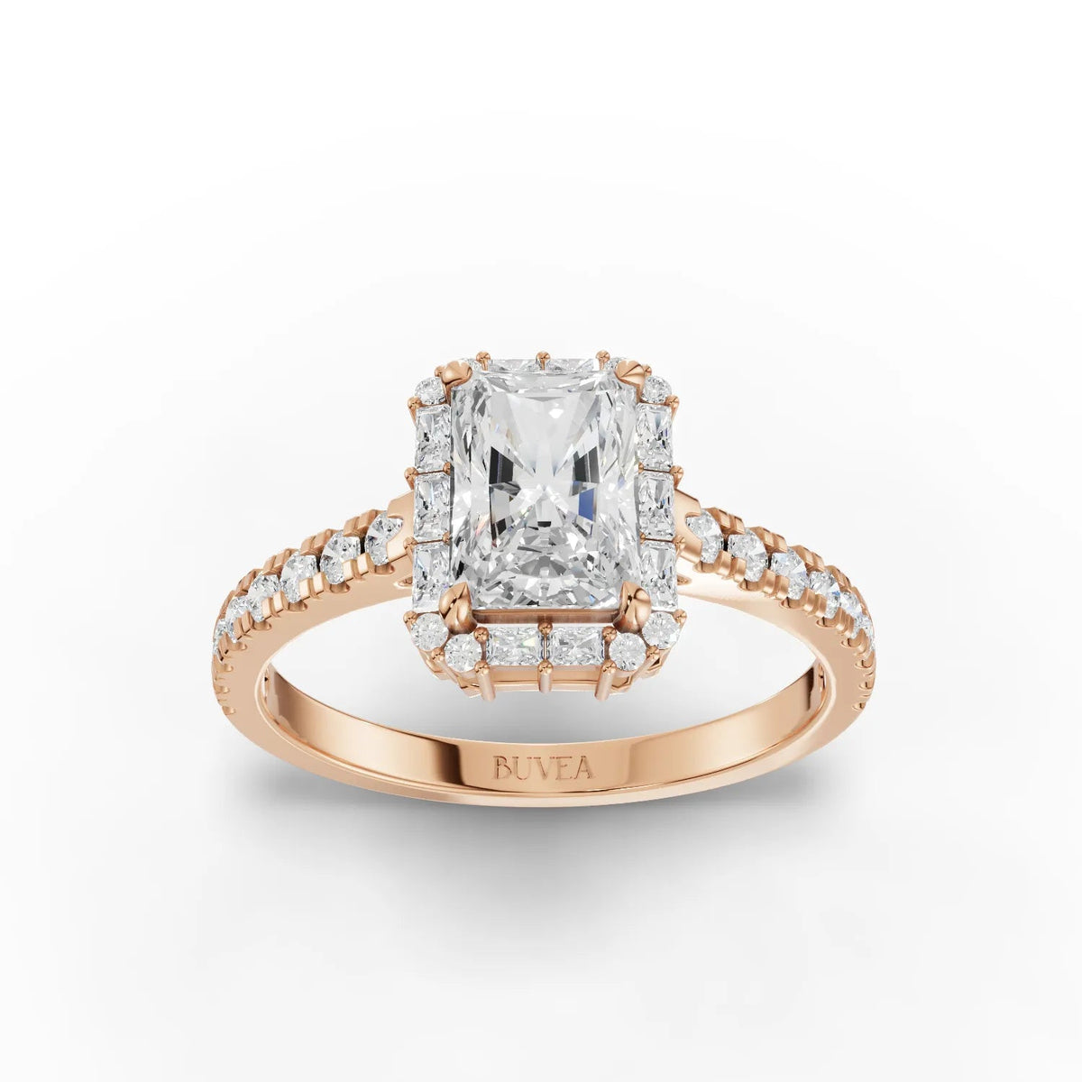 1.15 Ct radiant halo accent lab diamond ring in 18K rose gold, featuring a radiant-cut center and baguette side stones.