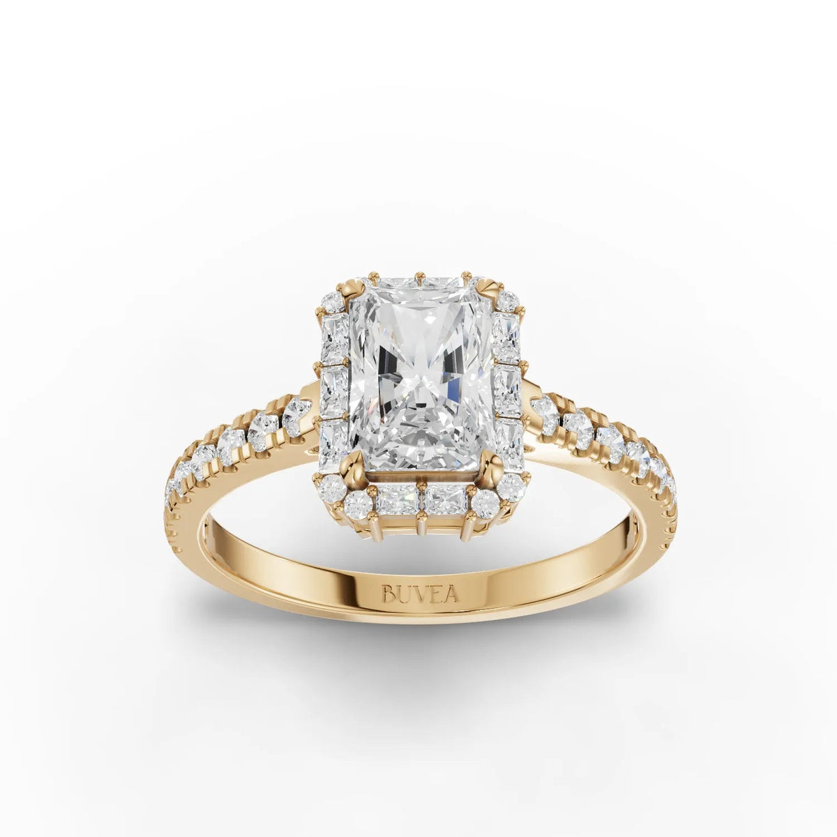 1.15 CT Radiant Halo With Side Stone Lab Grown Diamond Ring in yellow gold