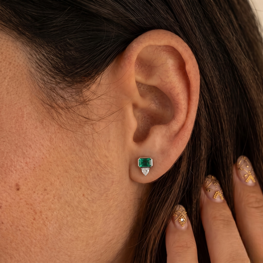 1.16 CT Emerald Cut Green Stone Stud Earrings with Lab Grown Diamond Drop, worn on the ear 2