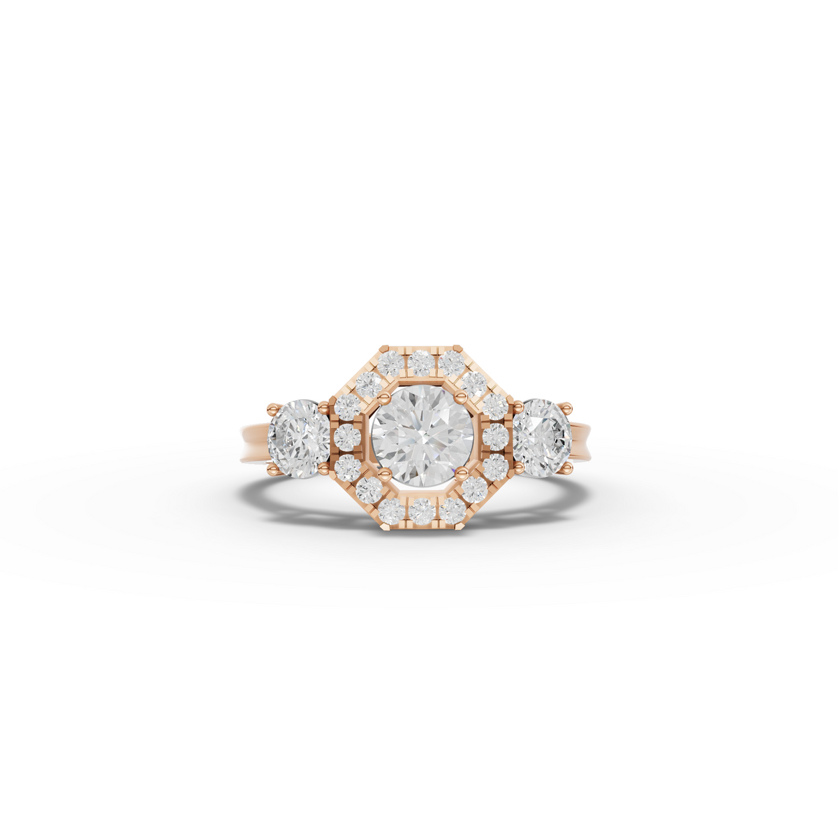 1.16 CT Hexagon Halo Three Stone Lab Grown Diamond Ring in rose gold