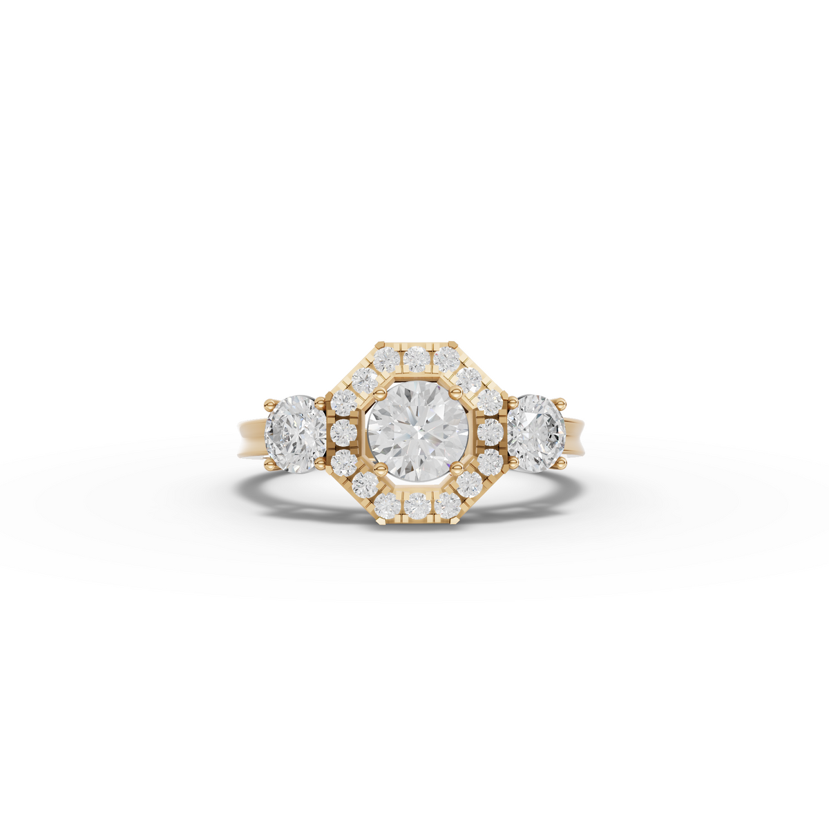 1.16 CT Hexagon Halo Three Stone Lab Grown Diamond Ring in yellow gold