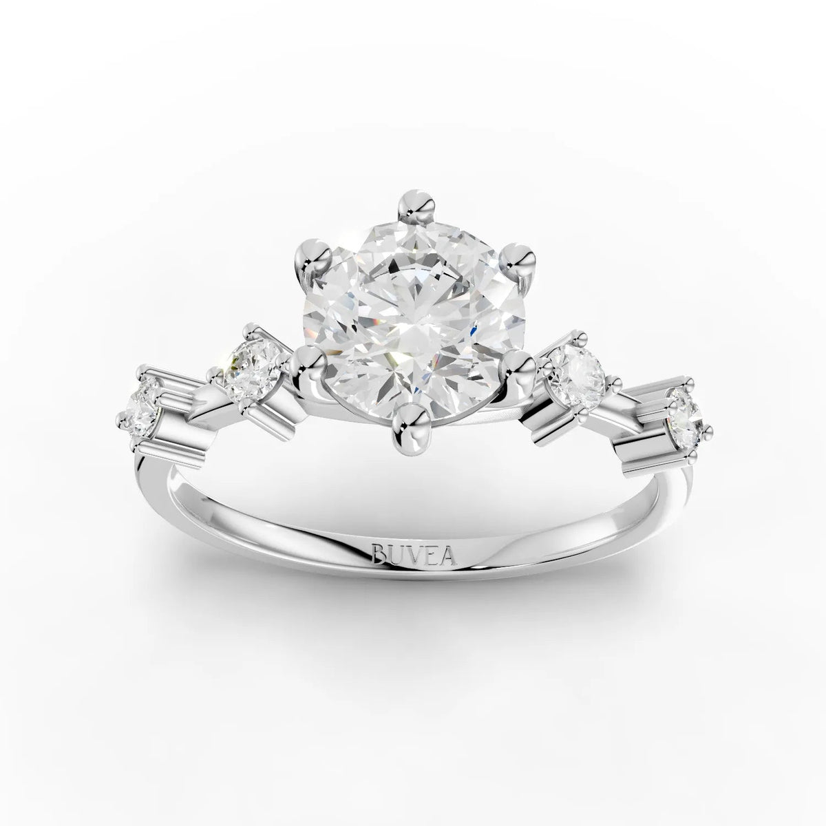1.16 CT round accent solitaire lab diamond ring featuring a 1 CT round center stone with three smaller accent diamonds.