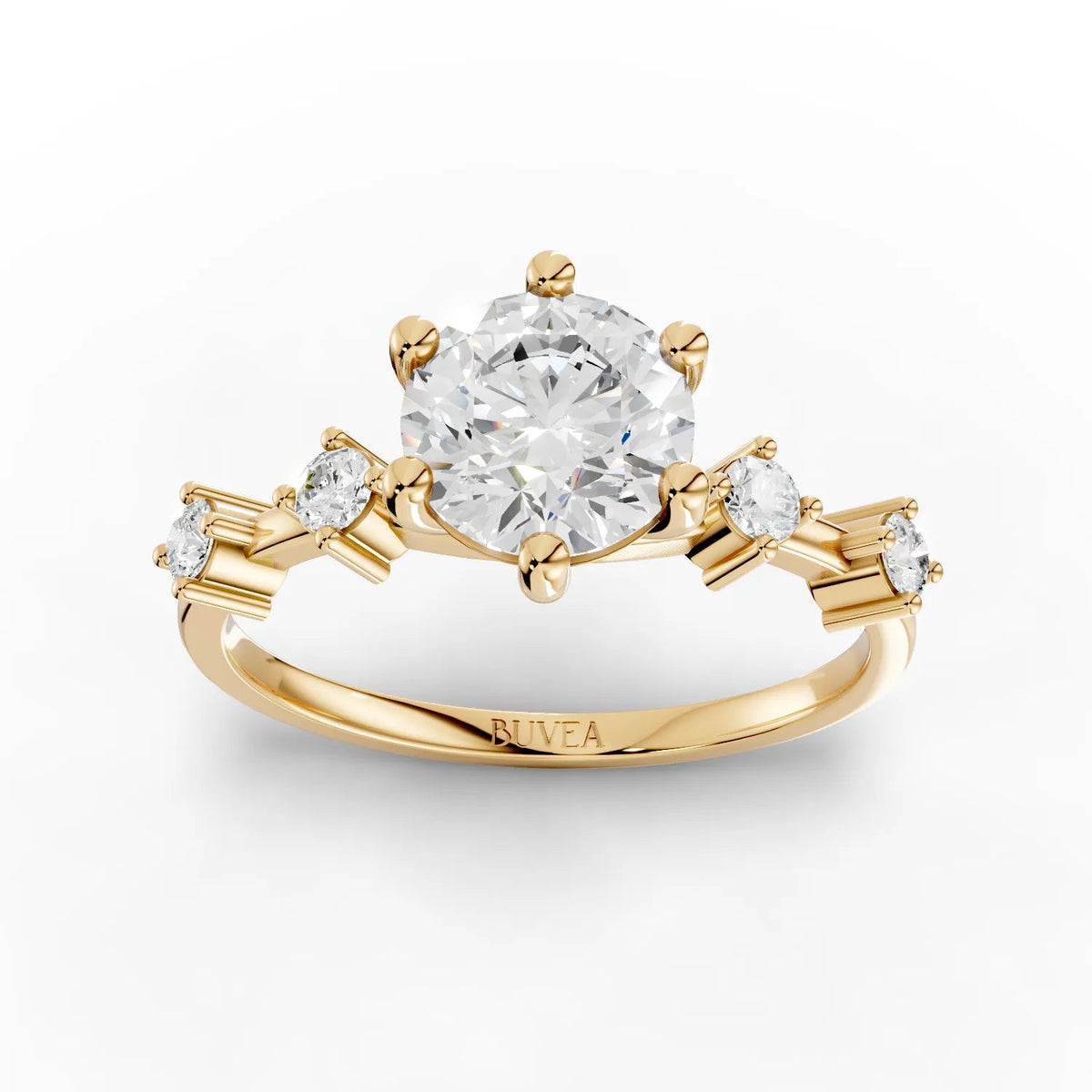 1.16 CT round accent solitaire lab diamond ring with a central 1 CT diamond, featuring three accent stones set in a yellow gold band.