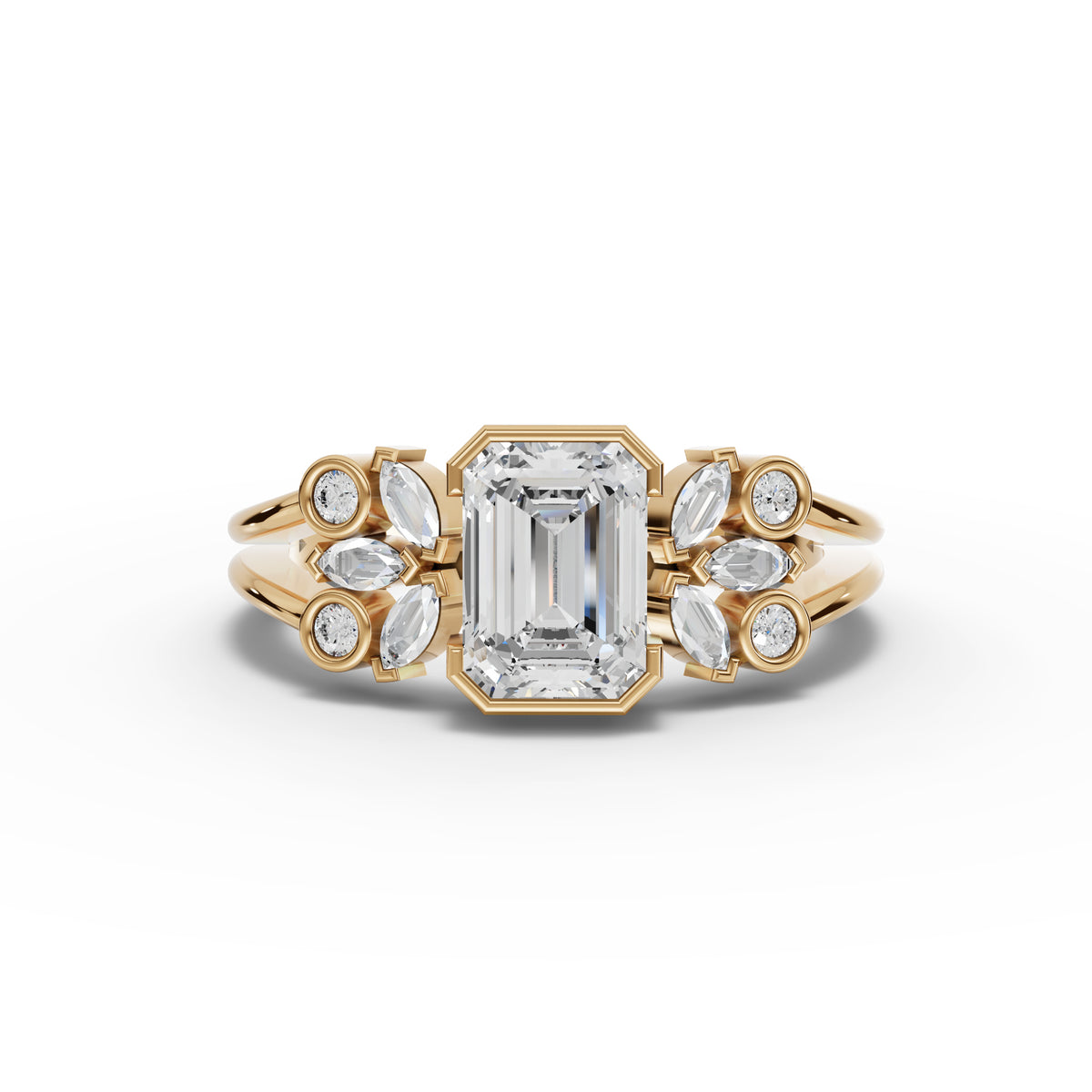 1.18 CT Emerald Lab Grown Diamond Floral Ring in yellow gold