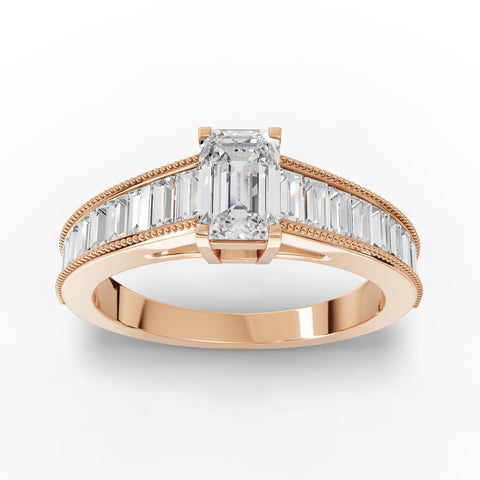 1.18 CT Emerald Milgrain Baguette Lab Grown Diamond Ring in rose gold, top view