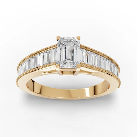1.18 CT Emerald Milgrain Baguette Lab Grown Diamond Ring in yellow gold, top view
