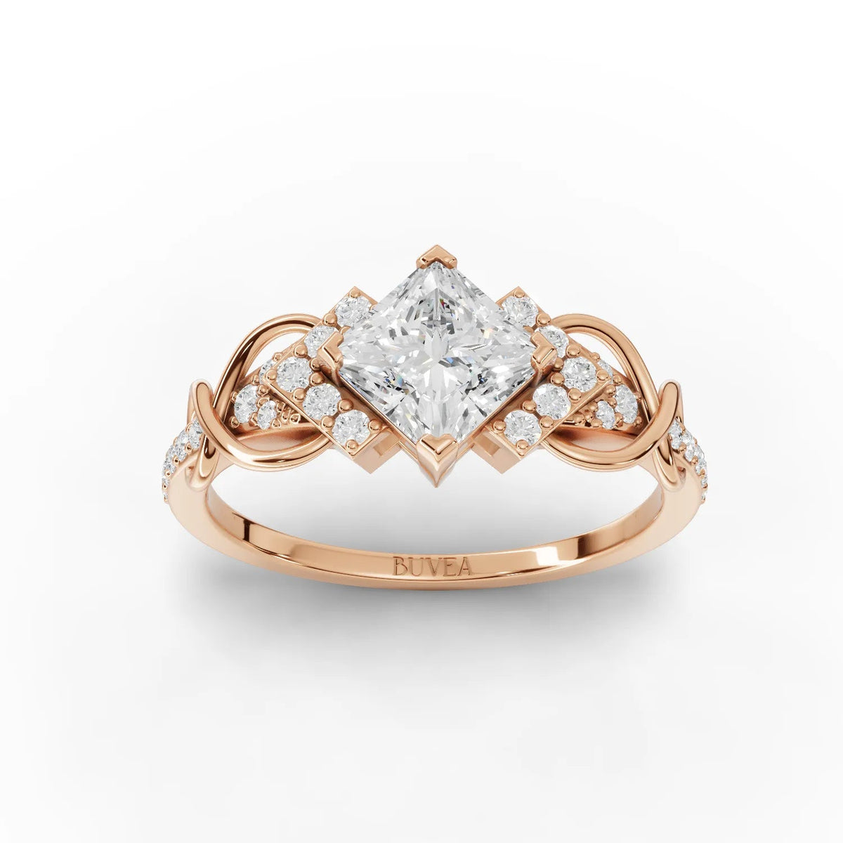 1.18 CT princess cut swirl band lab-grown diamond ring in rose gold features a central princess diamond with accent stones.