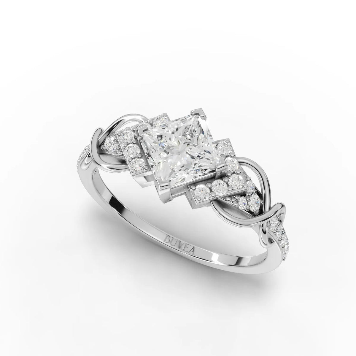 A 1.18 CT princess cut lab-grown diamond ring features a square center stone with a swirl band adorned with accent diamonds.