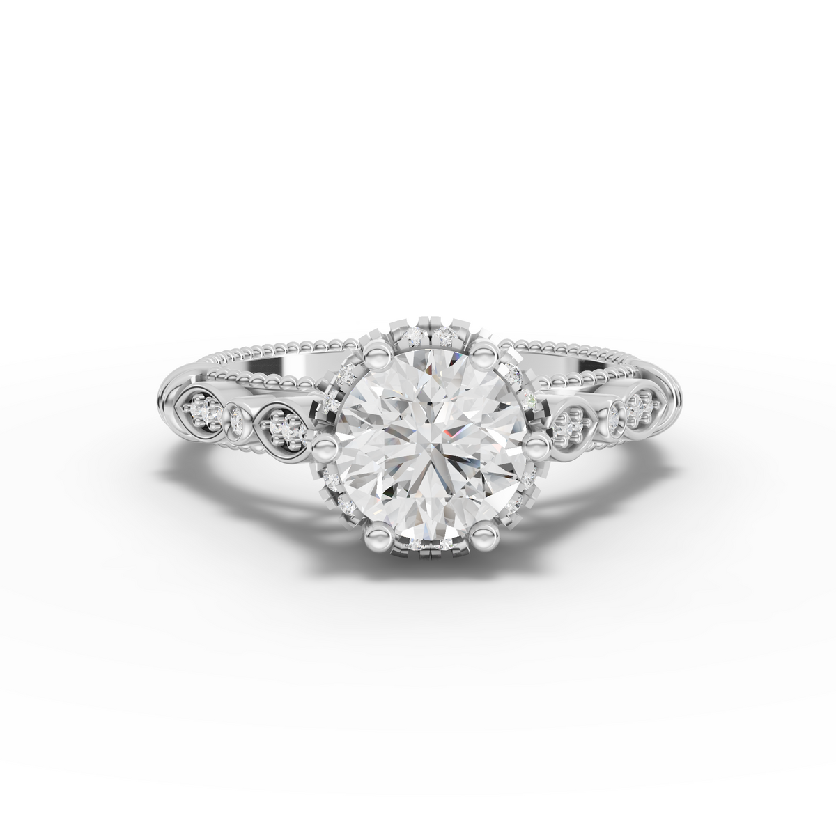 1.19 ct round solitaire lab diamond ring with 1.00 ct center, hidden halo, and vintage milgrain detailing