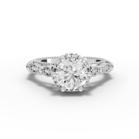 1.19 ct round solitaire lab diamond ring with 1.00 ct center, hidden halo, and vintage milgrain detailing
