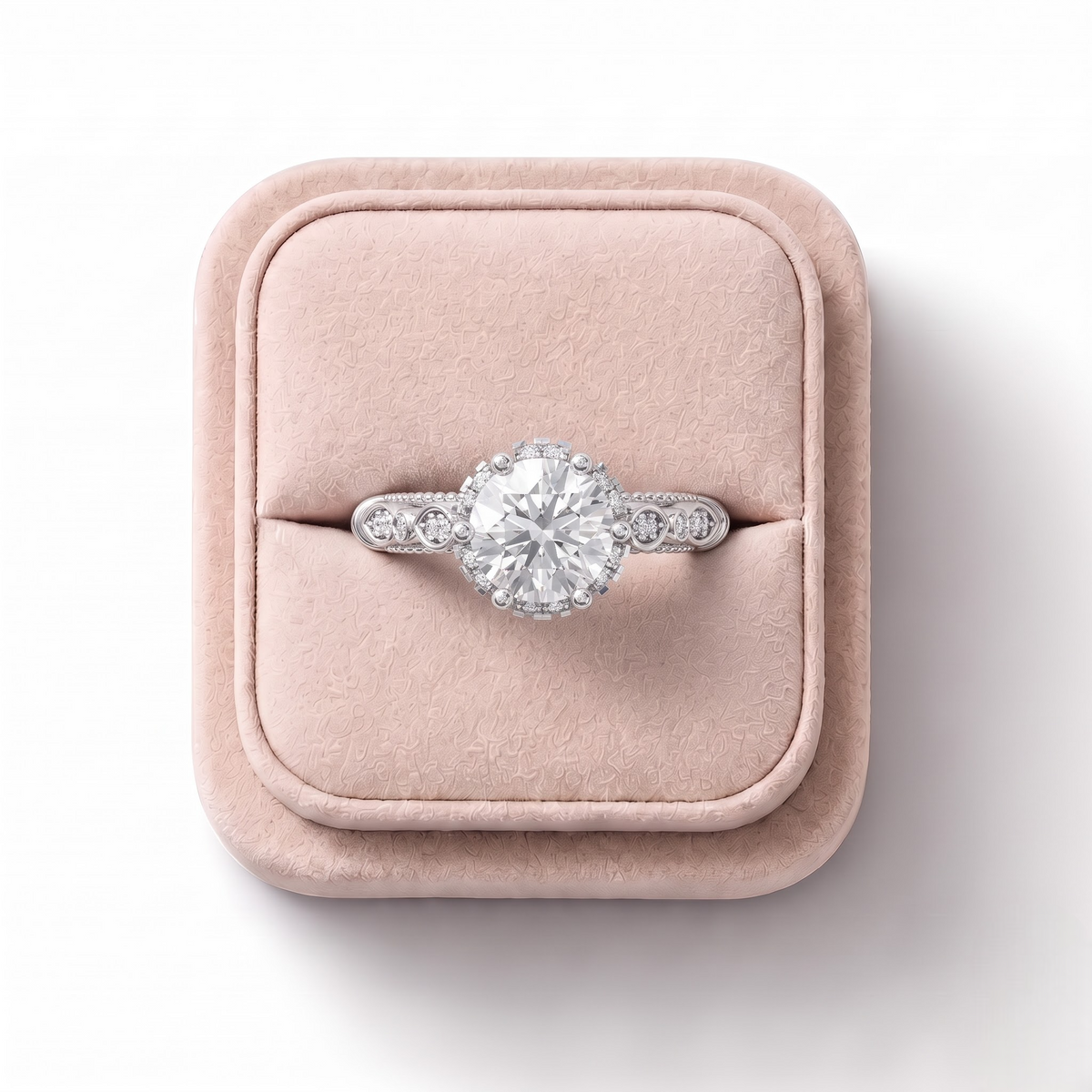 1.19 CT Round Hidden Halo Lab Grown Diamond Ring 1.00 CT Center, on a white background