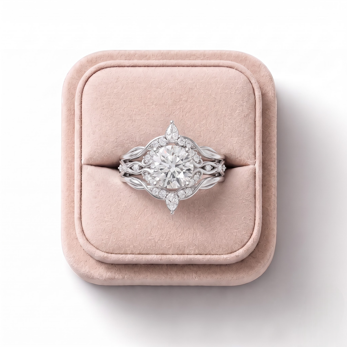 1.19 CT Round Solitaire Halo With Side Lab Grown Diamond Band Set 1.00 CT Center, on a white background