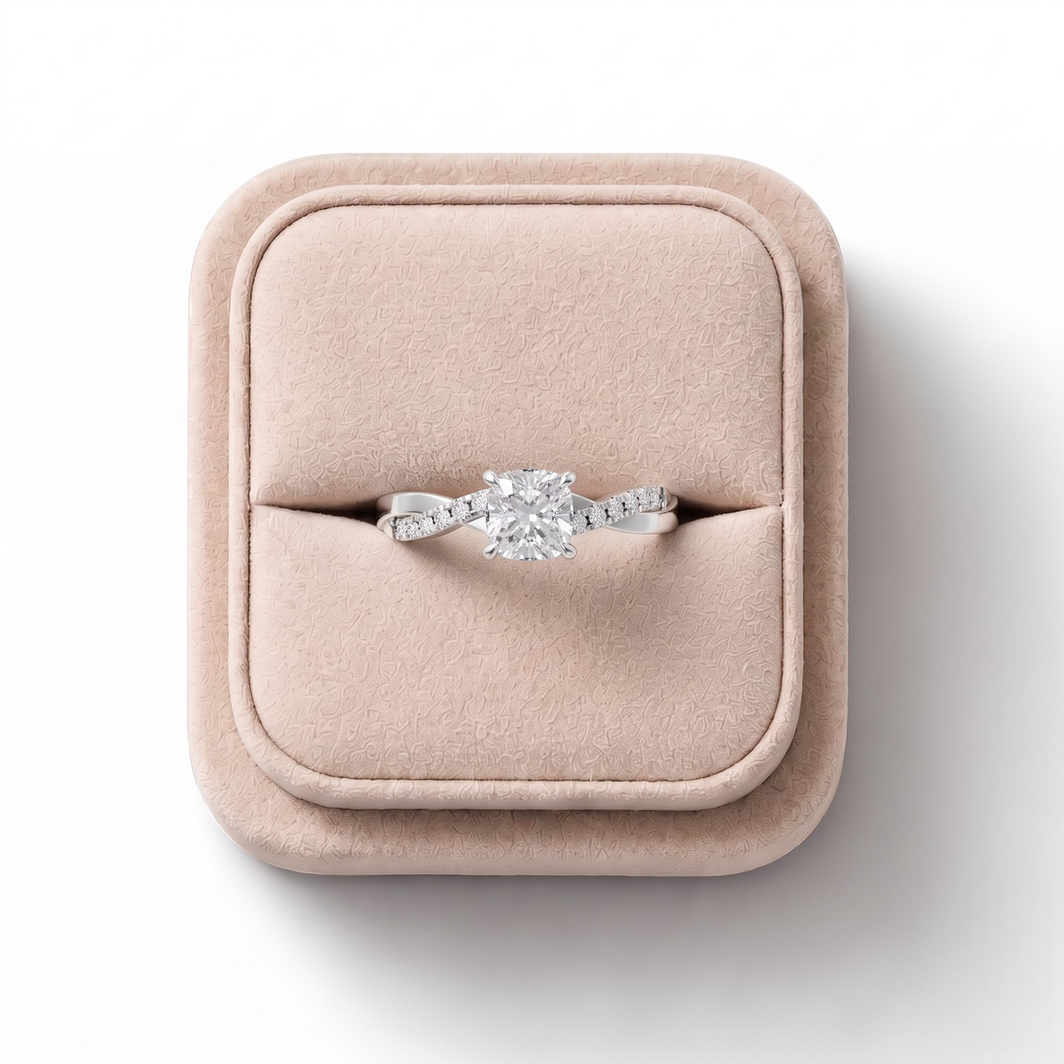 1.20 CT Cushion With Side Pavé Lab Grown Diamond Band 1.00 CT Center, on a white background