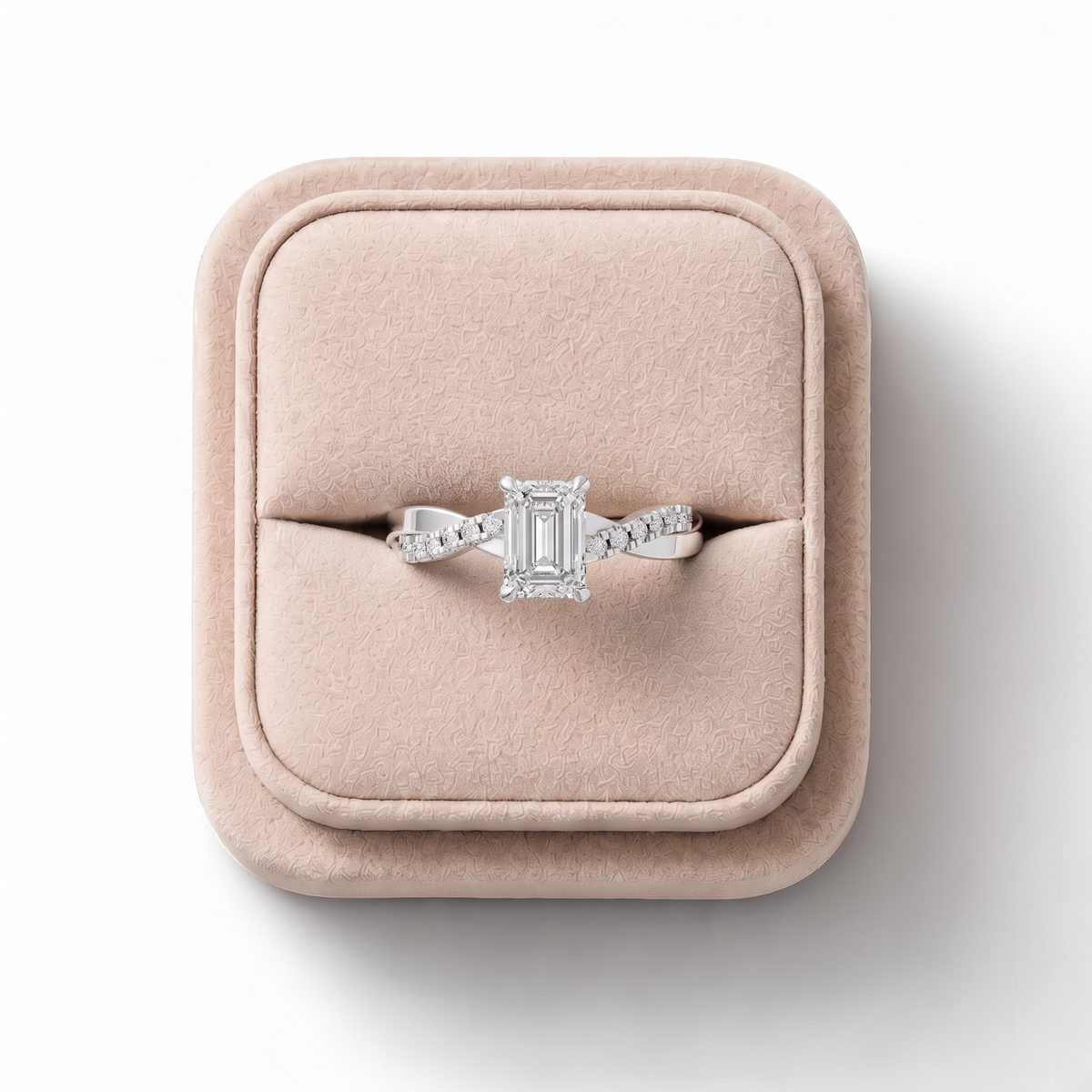 1.20 CT Emerald With Side Pavé Lab Grown Diamond Band 1.00 CT Center, on a white background