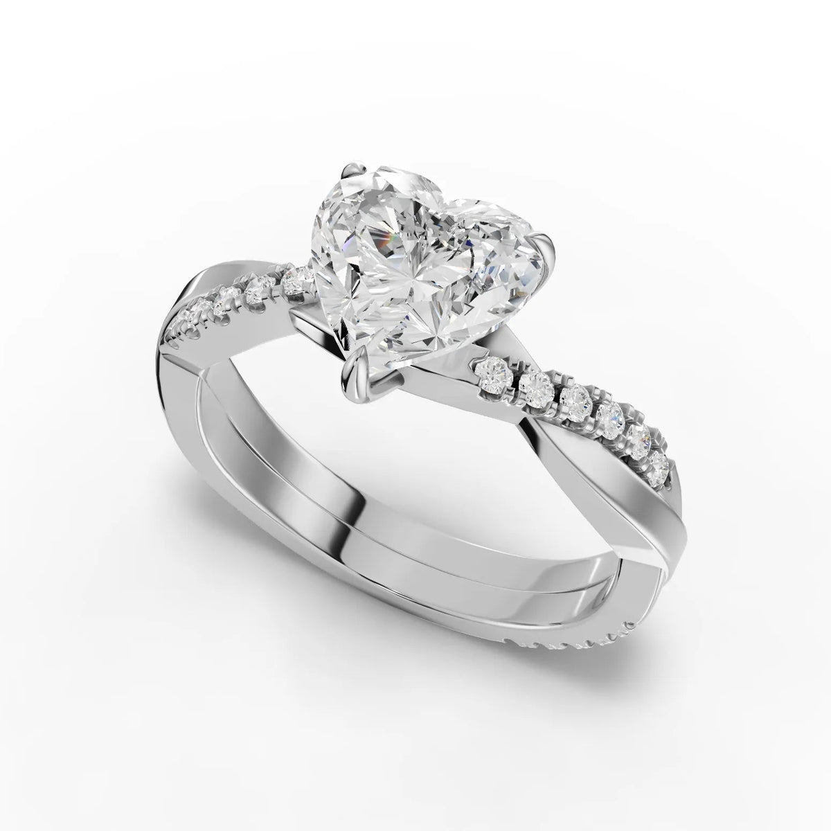1.20 CT Heart Solitaire Pavé Lab Grown Diamond Ring in white gold, close-up