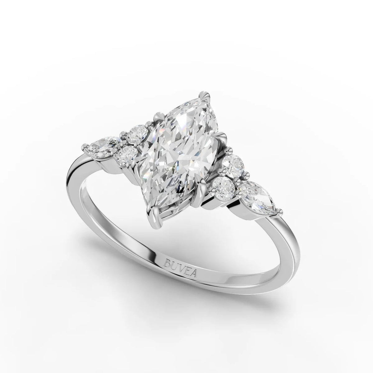 1.20 Ct marquise solitaire ring featuring a central marquise diamond and side accent diamonds, set in 18K white gold.