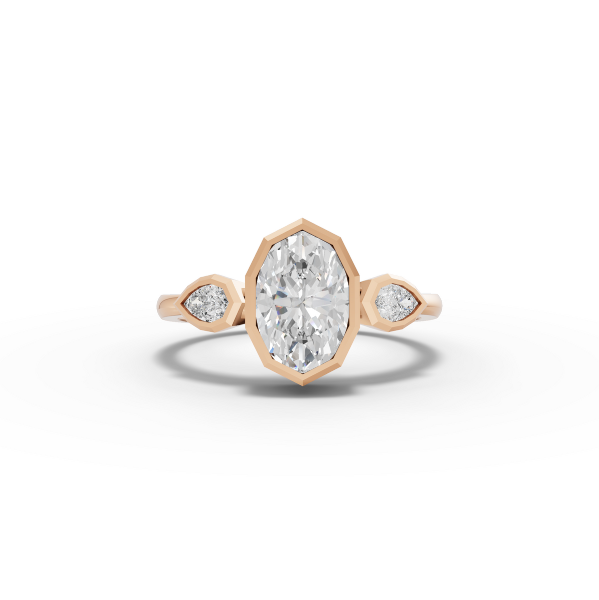 1.20 CT Oval Bezel Three Stone Lab Grown Diamond Ring in rose gold