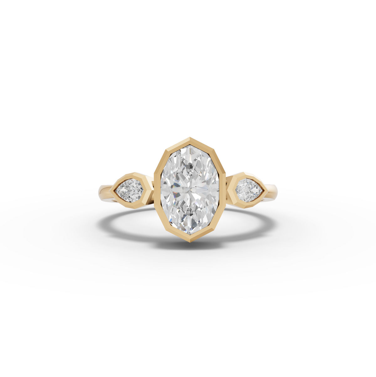 1.20 CT Oval Bezel Three Stone Lab Grown Diamond Ring in yellow gold