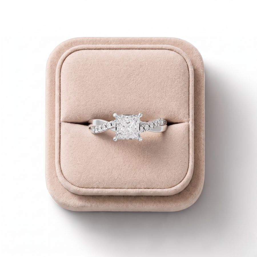 1.20 CT Princess With Side Pavé Lab Grown Diamond Band 1.00 CT Center, on a white background