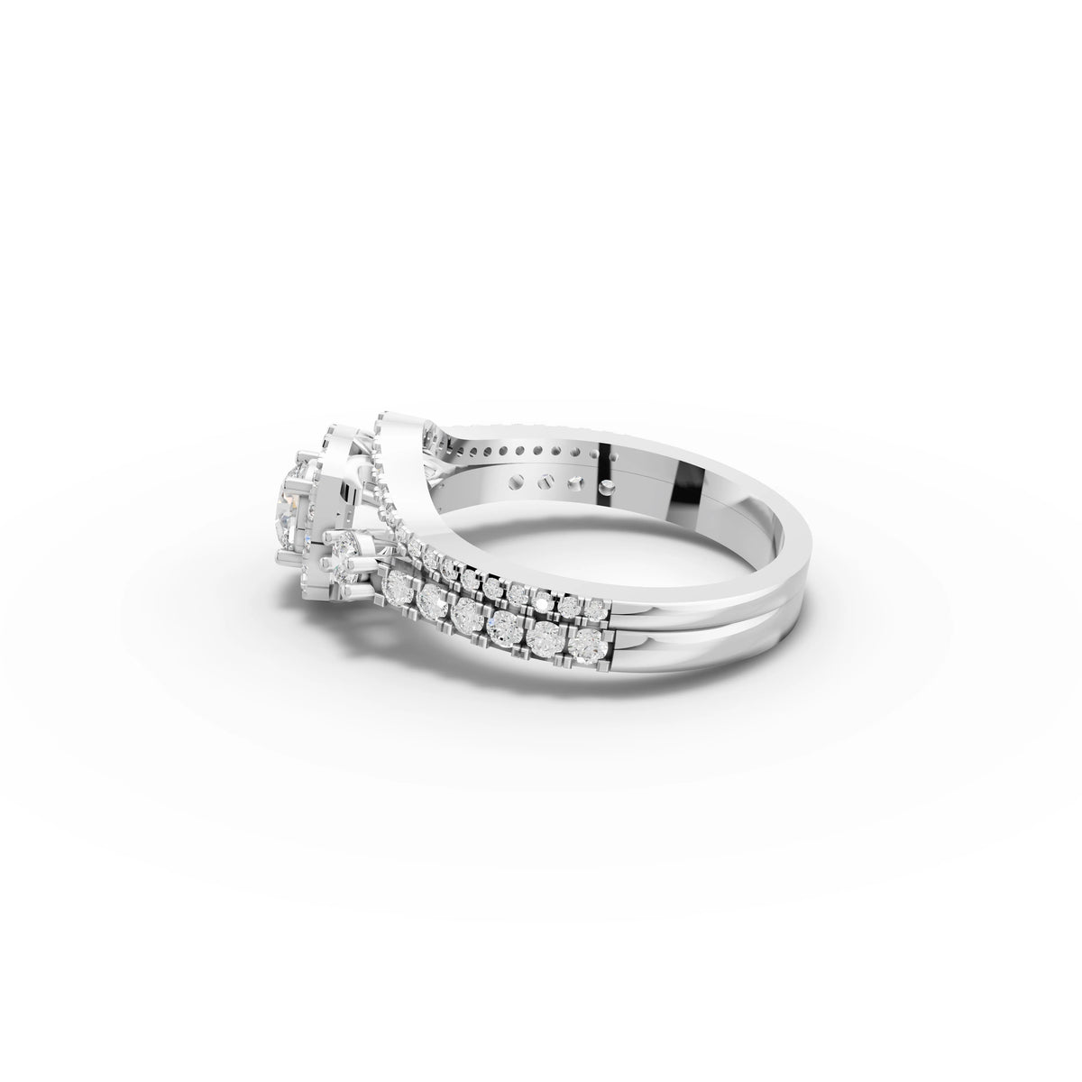1.21 CT Round Halo With Pavé Lab Grown Diamond Band Set in white gold, view 2