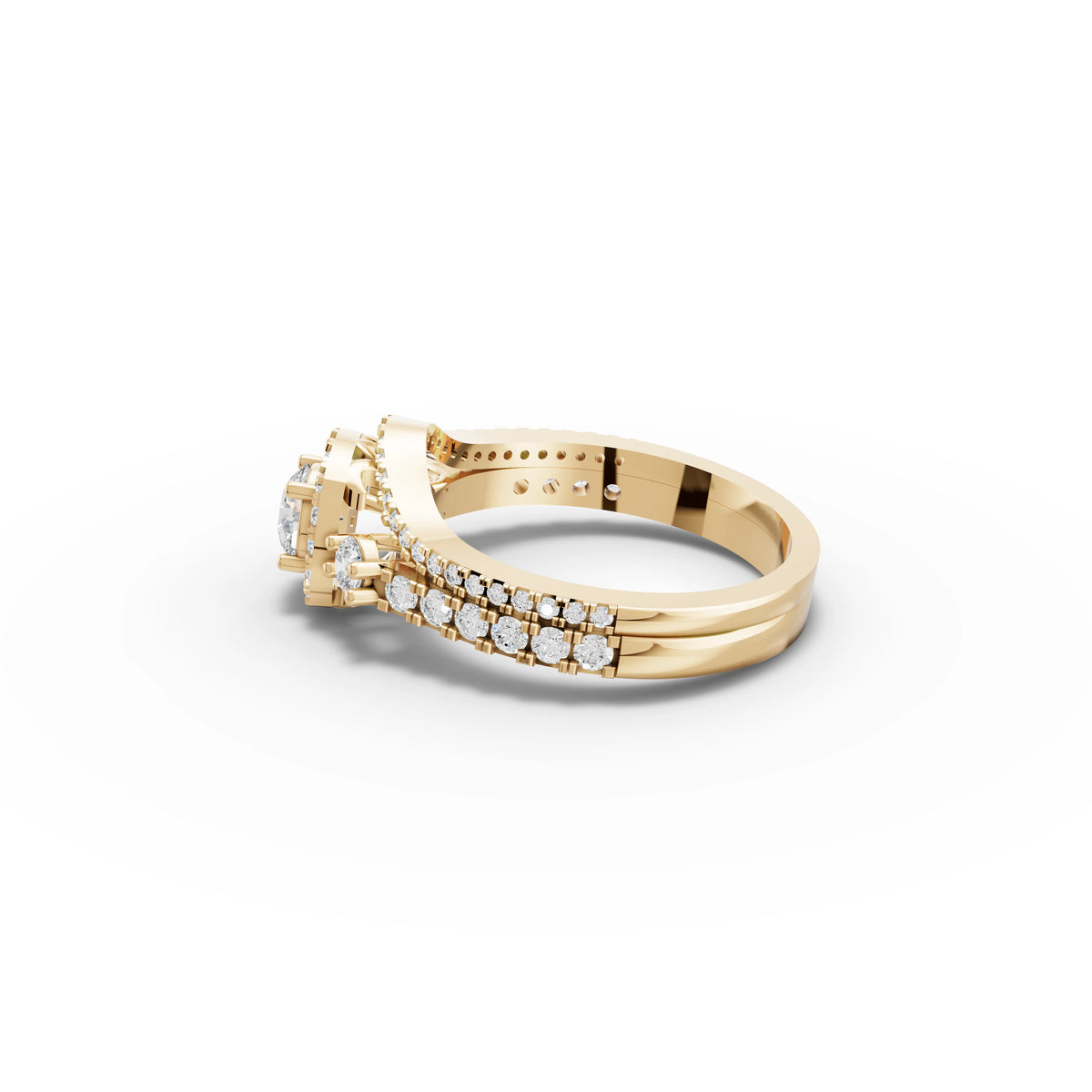 1.21 CT Round Halo With Pavé Lab Grown Diamond Band Set in yellow gold, view 2