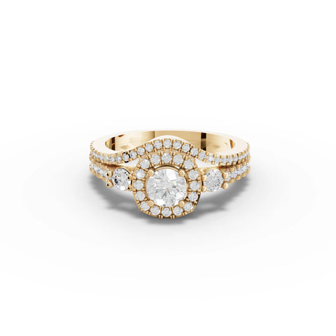 1.21 CT Round Halo With Pavé Lab Grown Diamond Band Set in yellow gold