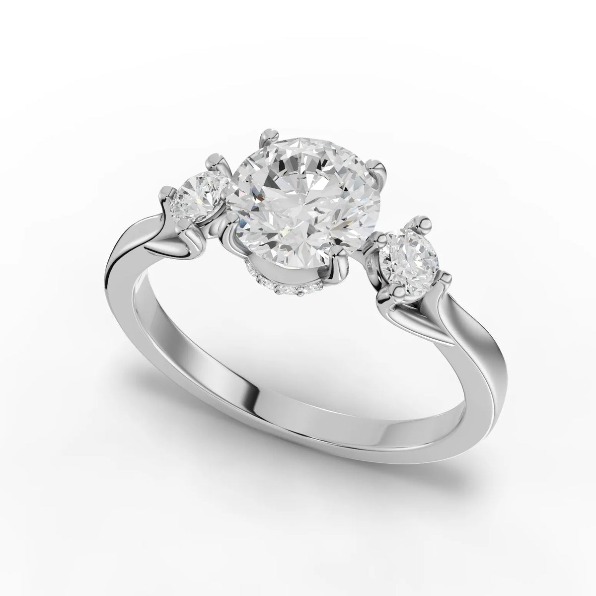 1.21 CT Round Three-Stone Lab Grown Diamond Ring in white gold, close-up