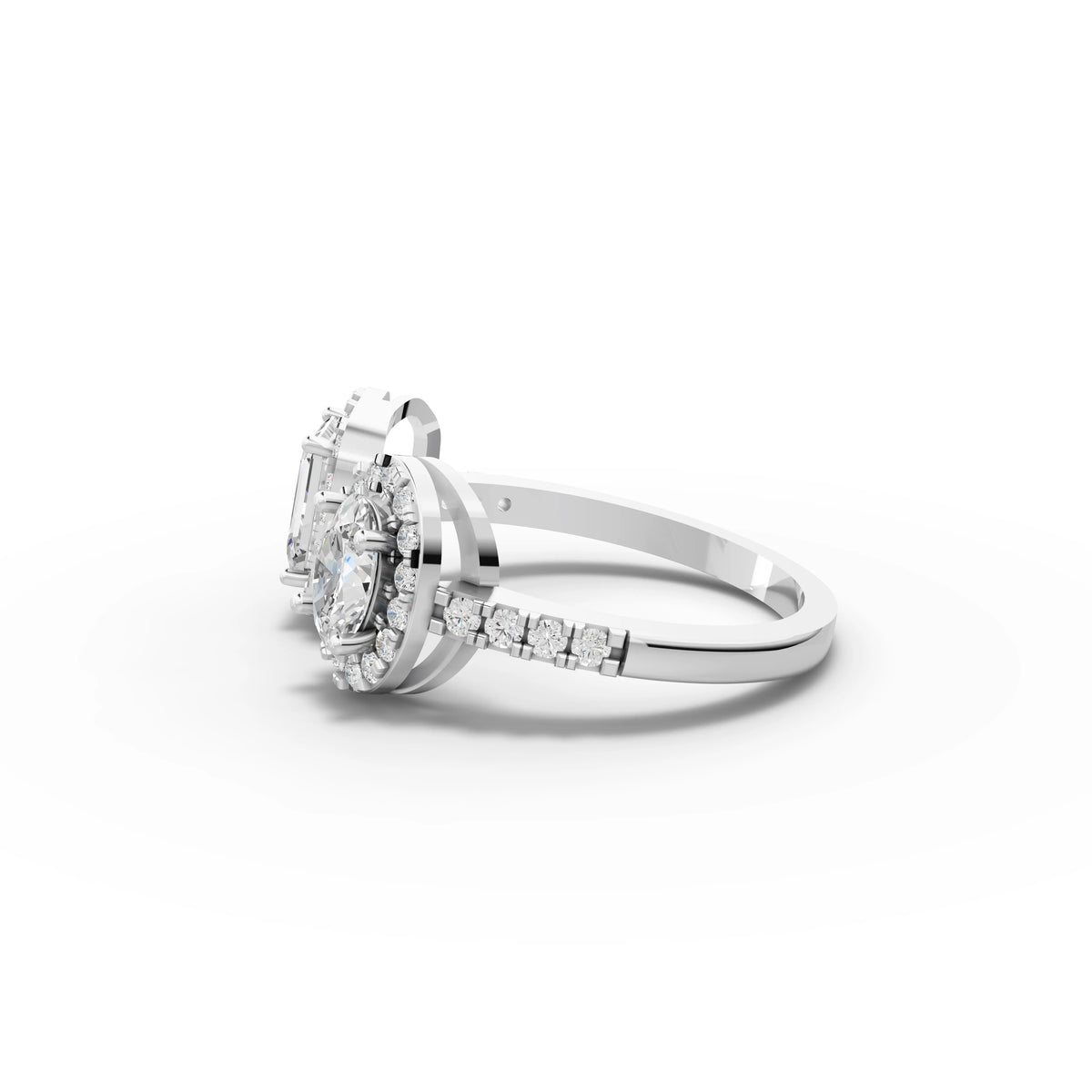 Mismatched halo diamond ring white gold angle
