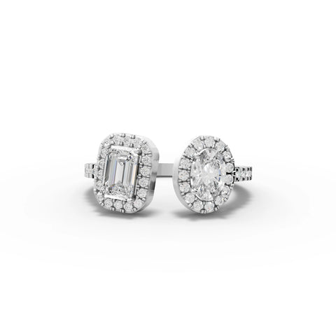 1.23 ct Toi et Moi lab diamond ring with oval and emerald-cut stones, mismatched halos, and pavé band