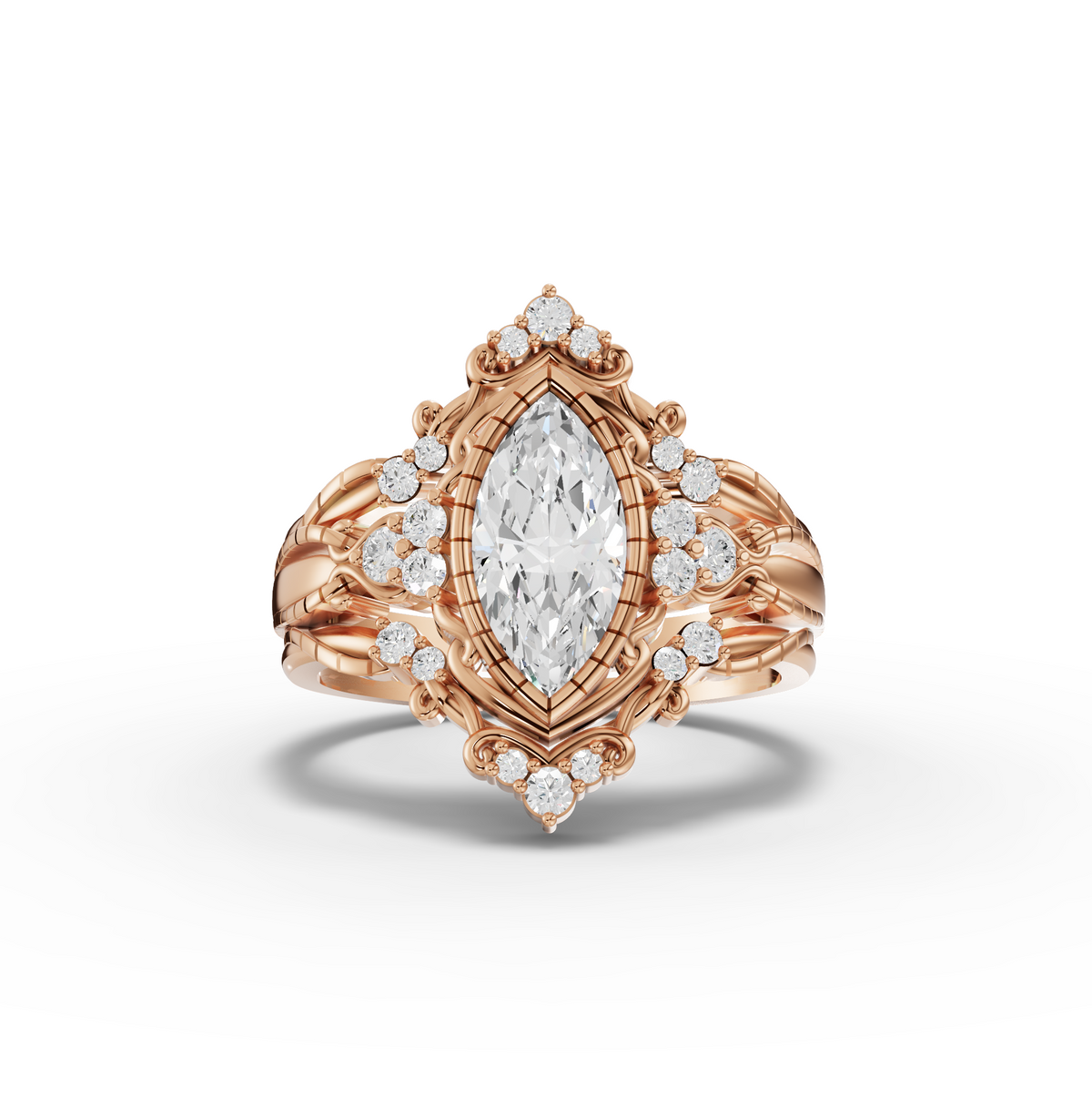 1.23 CT Marquise Halo With Side Stone Lab Grown Diamond Band Set 1.00 CT Center in rose gold
