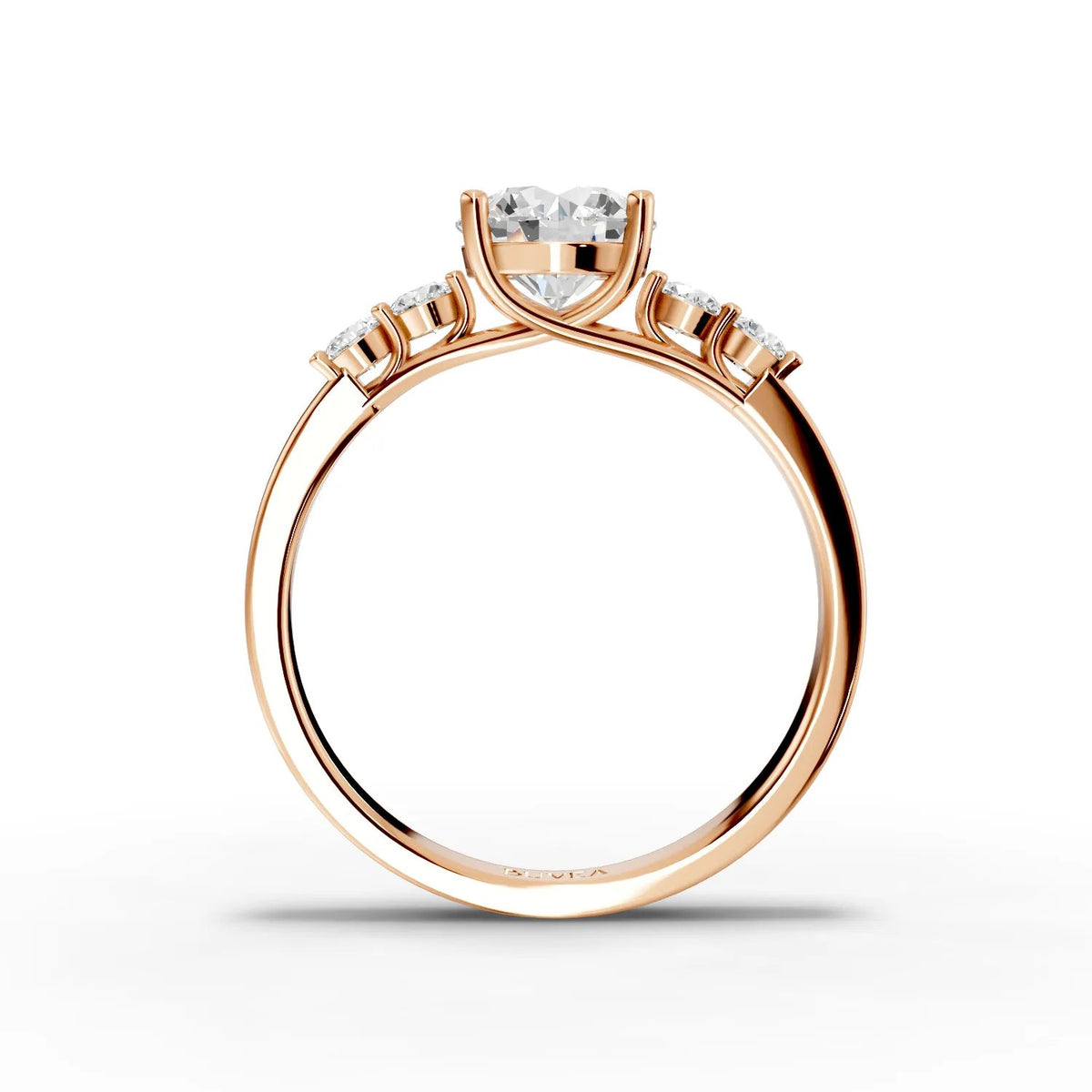 1.23 ct round solitaire lab diamond ring with tapered rose gold band and two smaller accent stones in prong setting.