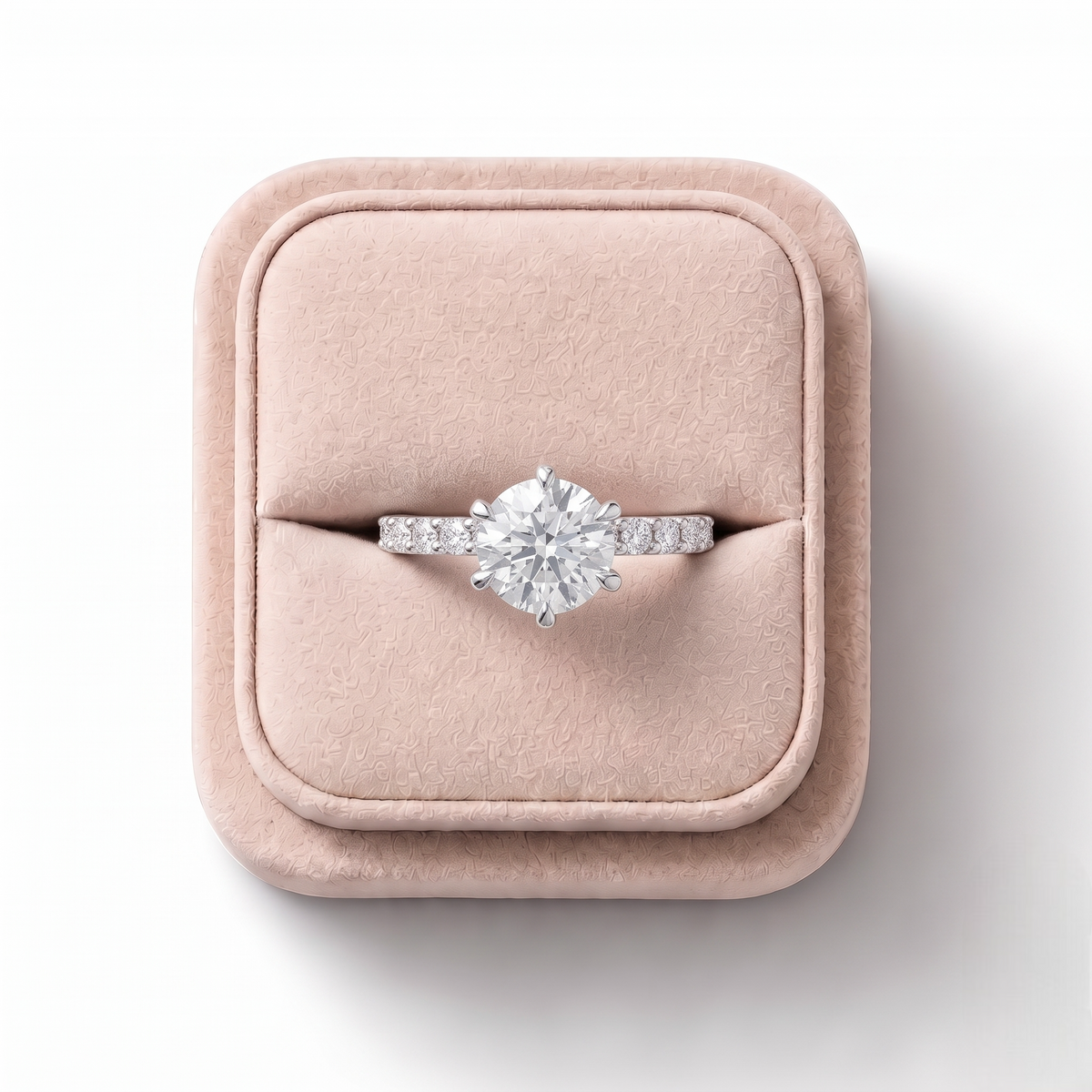 1.26 CT Round Solitaire Pavé Lab Grown Diamond Ring, on a white background