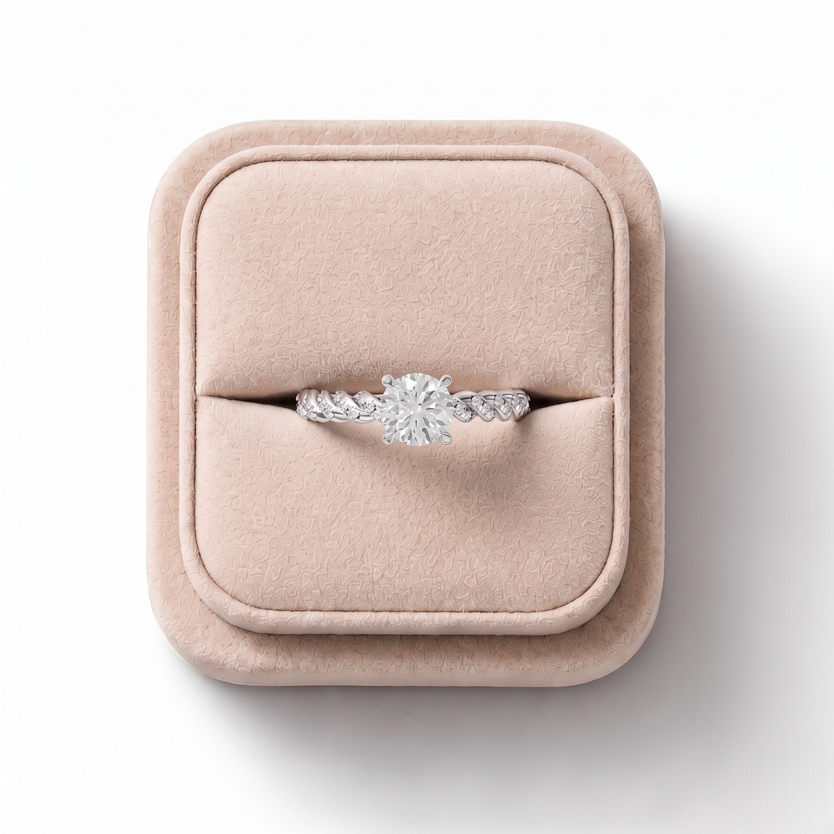 1.26 CT Round Twisted Rope Pavé Solitaire Lab Grown Diamond Engagement Ring, on a white background