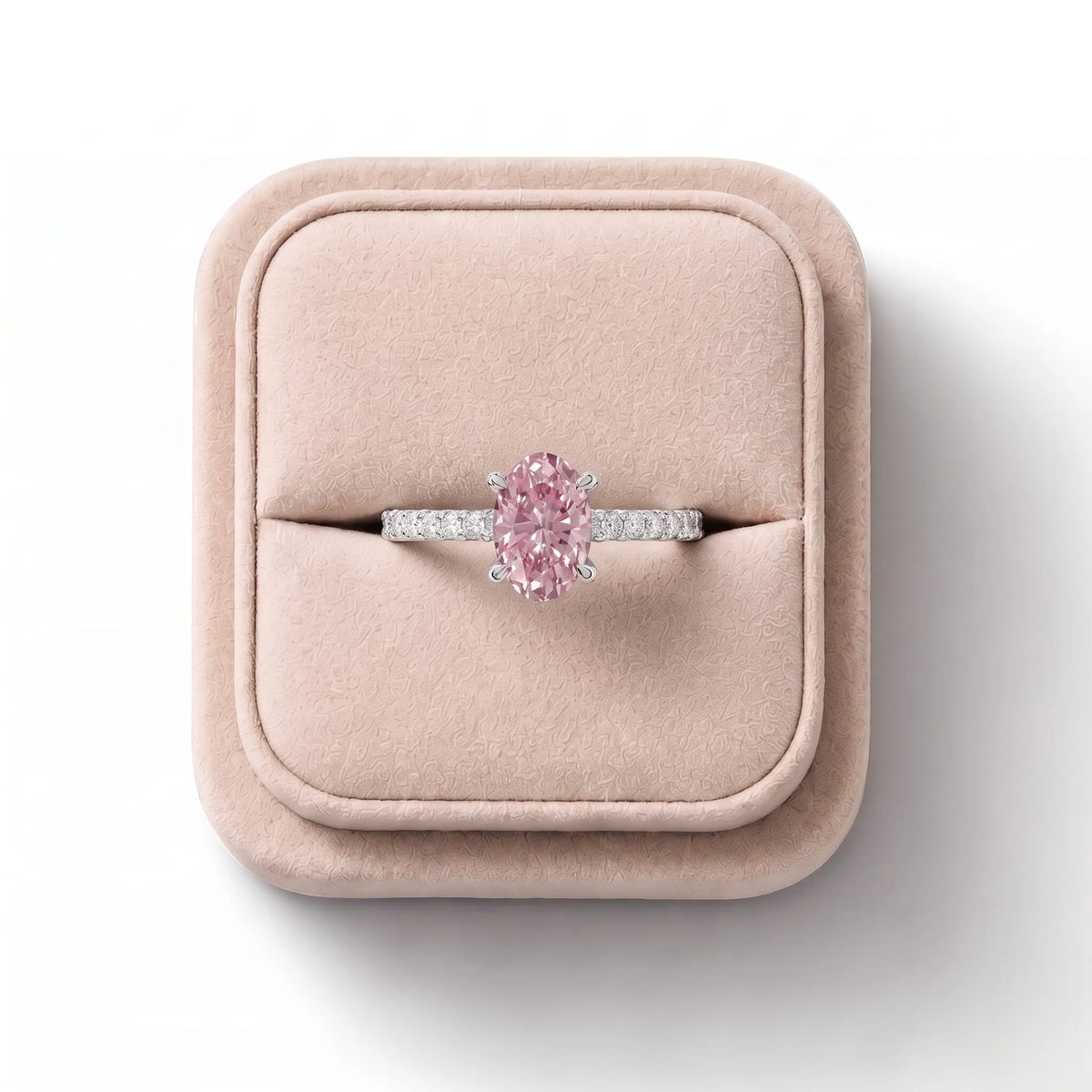 1.27 CT Pink Oval Solitaire Diamond Pavé Engagement Lab Grown Diamond Ring, on a white background
