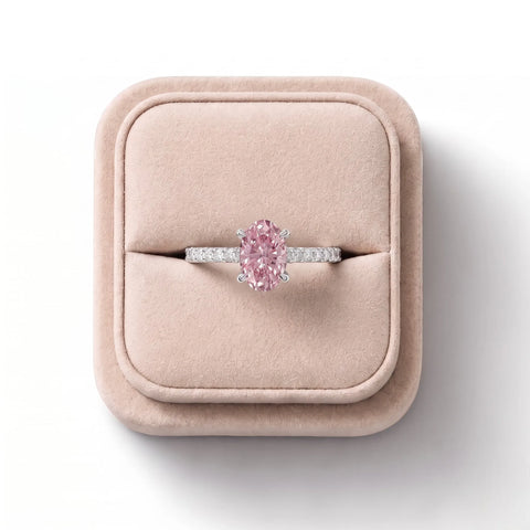 1.27 CT Pink Oval Solitaire Diamond Pavé Engagement Lab Grown Diamond Ring, on a white background