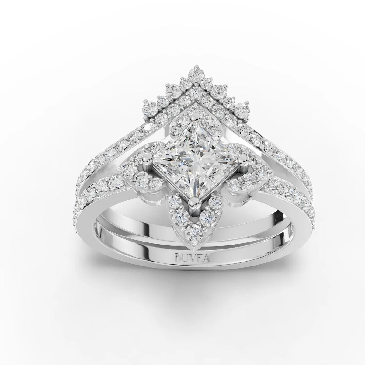 1.28 Ct princess cut halo ring set in 18K gold with two matching pavé bands, showcasing sparkling round lab grown diamonds.