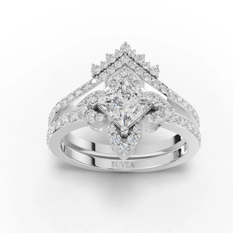 1.28 Ct princess cut halo ring set in 18K gold with two matching pavé bands, showcasing sparkling round lab grown diamonds.