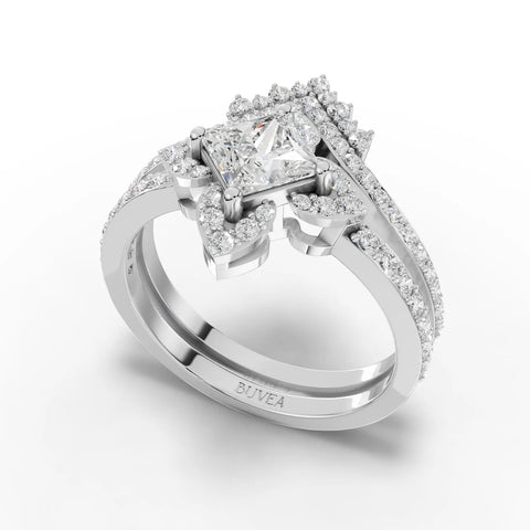 1.28 Ct princess halo lab grown diamond ring set in 18K gold, featuring a princess cut center stone and pavé bands.
