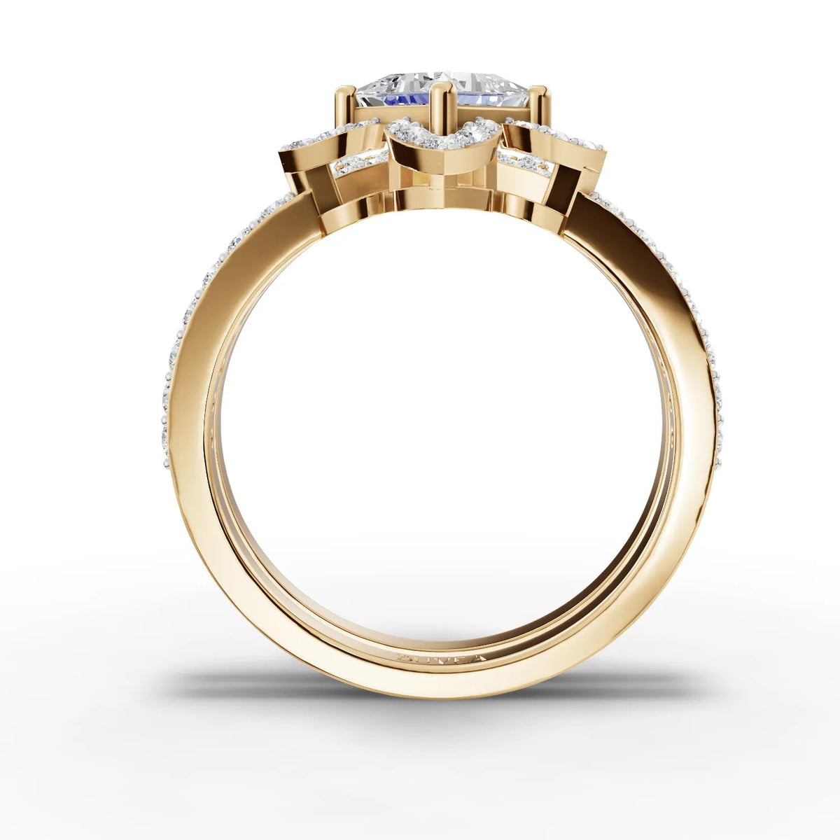 18K gold princess halo ring set featuring a princess cut center diamond, side diamonds, and pavé bands, elegantly designed.
