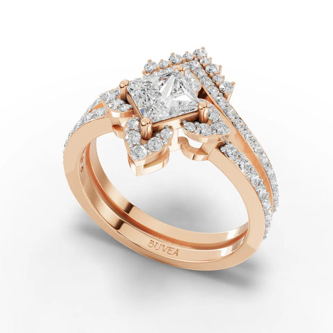 1.28 Ct princess halo lab grown diamond ring set in 18K gold, featuring a central princess cut stone with pavé bands.