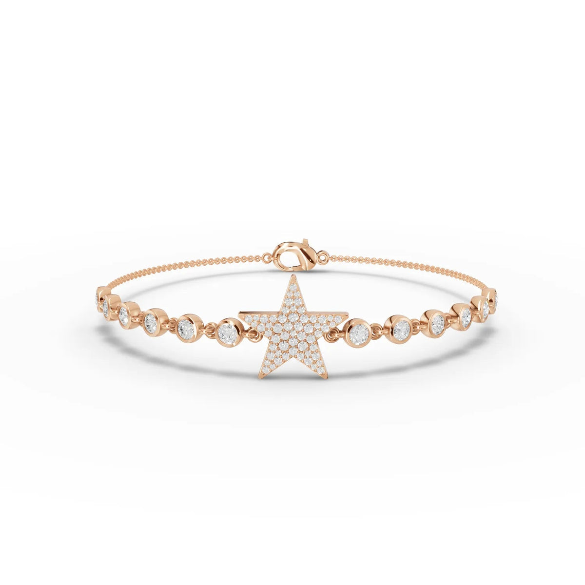 Pavé star charm bracelet made of rose gold, adorned with round lab grown diamonds and a delicate chain.